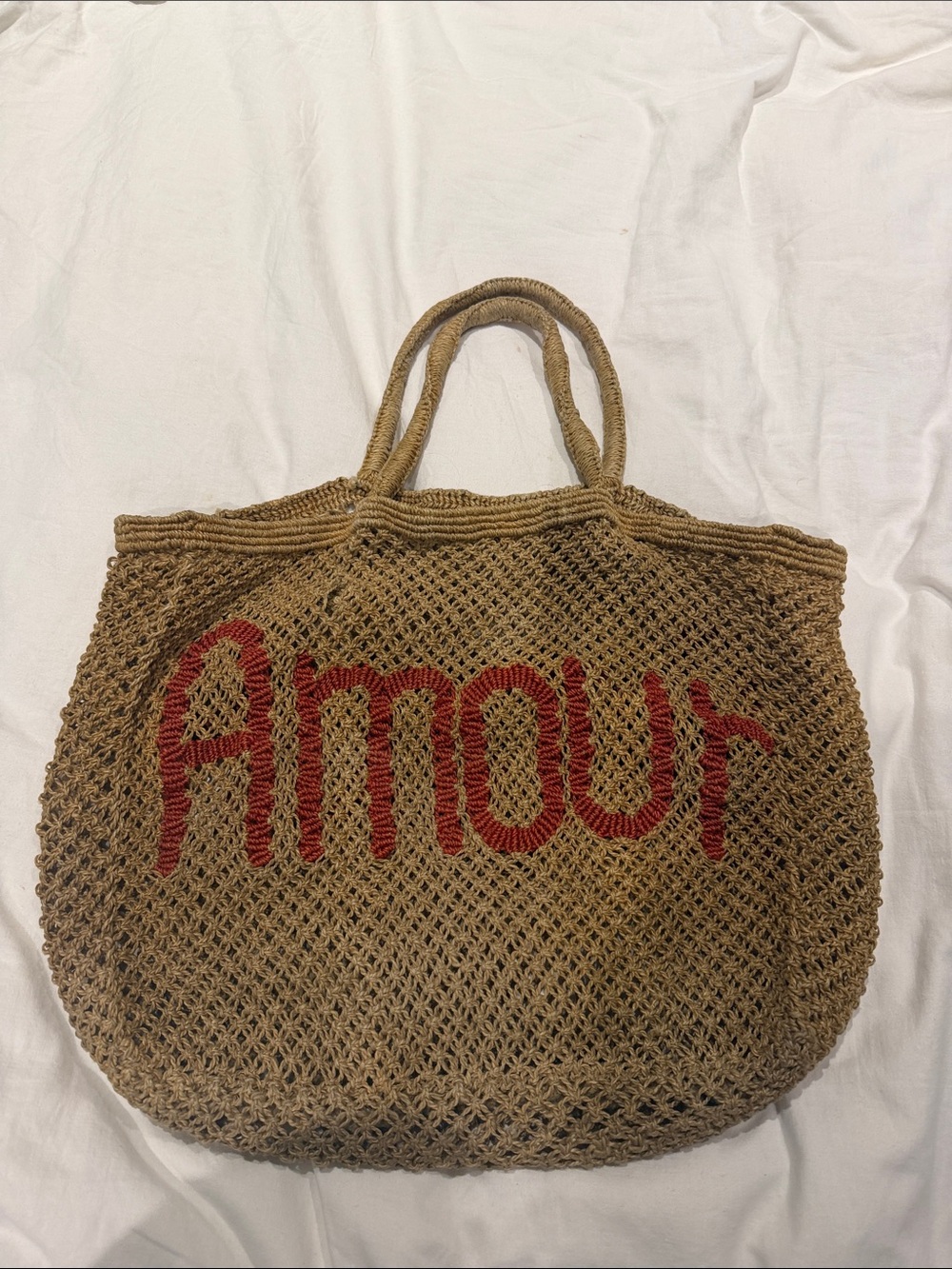 Woven Straw Tote Bag with Red 'Amour' Script
